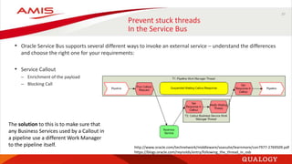 37
Prevent stuck threads
In the Service Bus
• Oracle Service Bus supports several different ways to invoke an external service – understand the differences
and choose the right one for your requirements:
• Service Callout
– Enrichment of the payload
– Blocking Call
http://www.oracle.com/technetwork/middleware/soasuite/learnmore/con7977-2769509.pdf
https://blogs.oracle.com/reynolds/entry/following_the_thread_in_osb
The solution to this is to make sure that
any Business Services used by a Callout in
a pipeline use a different Work Manager
to the pipeline itself.
 
