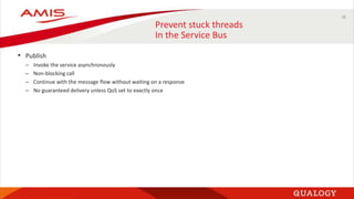 38
Prevent stuck threads
In the Service Bus
• Publish
– Invoke the service asynchronously
– Non-blocking call
– Continue with the message flow without waiting on a response
– No guaranteed delivery unless QoS set to exactly once
 
