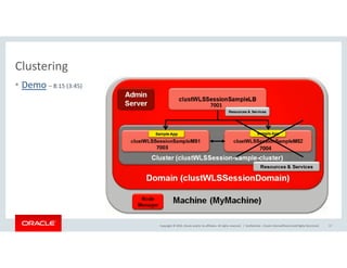 Clustering
• Demo – 8:15 (3:45)
7001
Copyright © 2016, Oracle and/or its affiliates. All rights reserved. | Confidential – Oracle Internal/Restricted/Highly Restricted 17
70047003
 