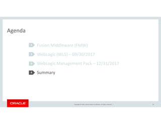 Agenda
Fusion Middleware (FMW)
WebLogic (WLS) – 09/30/2017
WebLogic Management Pack – 12/31/2017
1
2
3
Copyright © 2016, Oracle and/or its affiliates. All rights reserved. |
WebLogic Management Pack – 12/31/2017
Summary
33
3
4
 