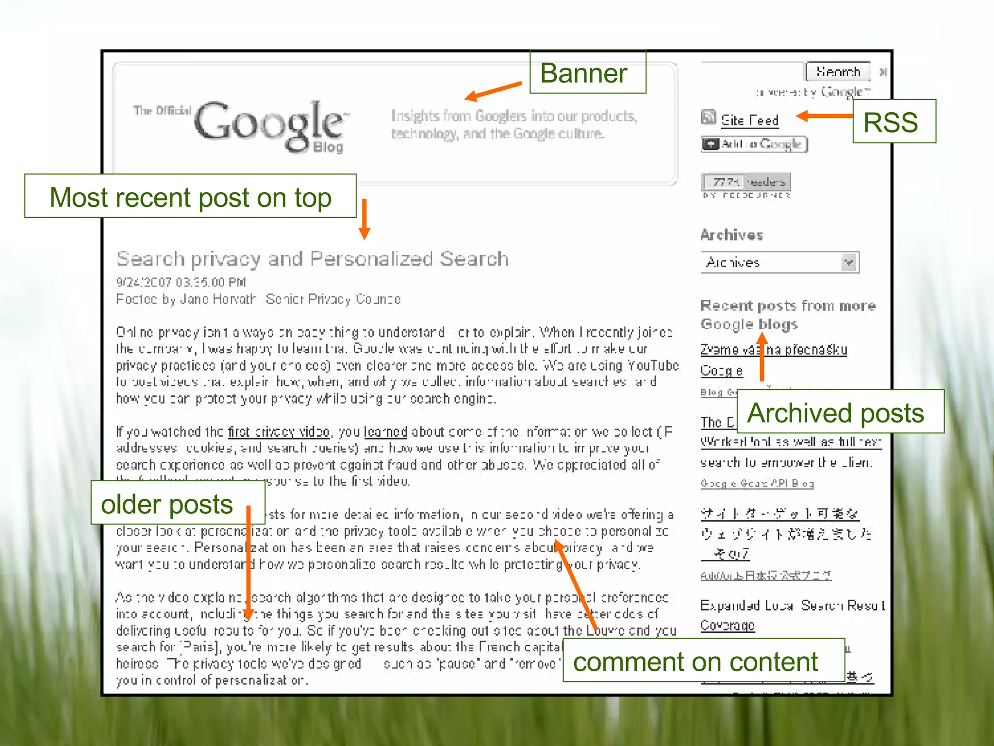 Banner Most recent post on top older posts Archived posts comment on content RSS