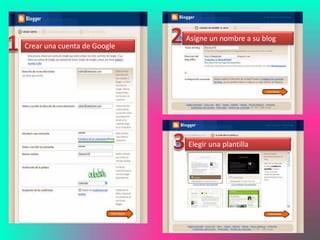 Asigne un nombre a su blog
Crear una cuenta de Google




                             Elegir una plantilla
 
