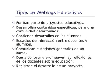 Tipos de Weblogs Educativos Forman parte de proyectos educativos. Desarrollan contenidos específicos, para una comunidad determinada. Contienen desarrollos de los alumnos. Espacios de interacción entre docentes y alumnos. Comunican cuestiones generales de un curso. Dan a conocer y promueven las reflexiones de los docentes sobre educación. Registran el desarrollo de un proyecto. 