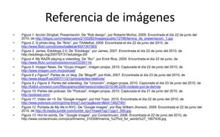 Referencia de imágenesFigura 1. Acción Dingbat, Presentación. De “Robdesign”, por Roberto Muñoz, 2009. Encontrada el día 22 de junio del 2010, de http://bligoo.com/media/users/2/100282/images/public/12796/lamina_de_presentacion_1.jpgFigura 2. 3| photo-blog. De “flickr”, por TXAlleKat, 2009. Encontrada el día 22 de junio del 2010, de http://www.flickr.com/photos/txallekat/4047347365/Figura 3. James, Edublogs 2.0. De “Edublogs”, por James, 2007. Encontrada el día 22 de junio del 2010, de http://edublogs.org/2007/07/31/edublogs-20/Figura 4. My RAZR playing a videoblog. De “flicr”, por Erick Rice, 2005. Encontrada el día 22 de junio, de http://www.flickr.com/photos/ericrice/23330114/Figura 5. Imagen News. De “Grupo Imagen”, imágen propia, 2010. Capturada el día 22 de junio del 2010, de http://www.imagen.com.mx/podcast/Figura 6 y Figura7. Partes de un blog. De “Blogoff”, por Kids, 2007. Encontrada el día 23 de junio del 2010, de http://www.blogoff.es/2007/11/21/principiantes-relativos/Figura 8 y Figura 9. Partes del videoblog. De “Univición”, imágen propia, 2010. Capturada el día 23 de junio del 2010, de http://futbol.univision.com/fifacopamundial/mexico/video/2010-06-22/tri-molesto-por-la-derrotaFigura 10. Partes del podcast. De “Podcast”, imágen propia, 2010. Capturada el día 21 de junio del 2010, de http://podcast.com/Figura 11. Video de =3. De “Google images”, por Hot Topic, 2010. Encontrada el día 22 de junio del 2010, de http://www.polyvore.com/cgi/img-thing?.out=jpg&size=l&tid=14627491Figura 12. Portada de My life in NYC. De “Google images”, por Ray William Jhonson, 2009. Encontrada el 22 de junio del 2010, de http://8.media.tumblr.com/tumblr_kpi11hwetI1qa11ygo1_500.jpgFigura 13. Hot forwords. De “ Google images”, por Contactmusic, 2006. Encontrada el 22 de junio del 2010, de http://www.contactmusic.com/pics/l/marina_310308/marina_%27hot_for_words%27_1807439.jpg
