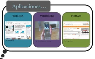 Aplicaciones…WEBLOGSVIDEOBLOGSPODCASTFig. 3 Edublogs 2.0Fig. 4 My RAZR playing a videoblog.Fig. 5 Imagen News.
