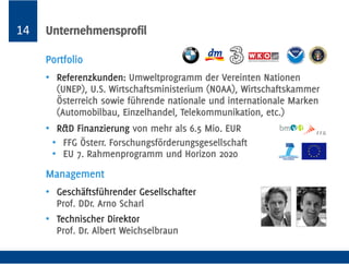 14 Unternehmensprofil
webLyzard technology | Company Profile www.weblyzard.com
Gründungsteam
• Geschäftsführer
Prof DDr Arno Scharl
• Technischer Direktor
Prof Dr Albert Weichselbraun
• Dashboard & Visualisierung
Alexander Hubmann-Haidvogel, MSc
• Semantische Technologien
Max Göbel, MSc
Portfolio
• Referenzkunden: Umweltprogramm der Vereinten Nationen (UNEP),
U.S. Wirtschaftsministerium (NOAA), Wirtschaftskammer Österreich sowie
führende nationale und internationale Marken (Automobilbau, Energie,
Einzelhandel, Telekommunikation, etc.)
• R&D Finanzierung von mehr als 7.5 Mio. EUR
• FFG Österreichische Forschungsförderungsgesellschaft
• EU 7. Rahmenprogramm und Horizon 2020
 