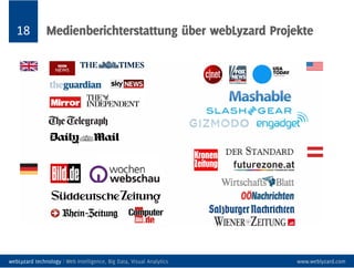 18
Newsletter
www.weblyzard.com/newsletter
Demo Portale
www.weblyzard.com/showcases
E-Mail
info@weblyzard.com
webLyzard technology gmbh
Püchlgasse 2/44, 1190 Wien, ÖsterreichKontakt
@
webLyzard technology | Web Intelligence, Big Data, Visual Analytics
 