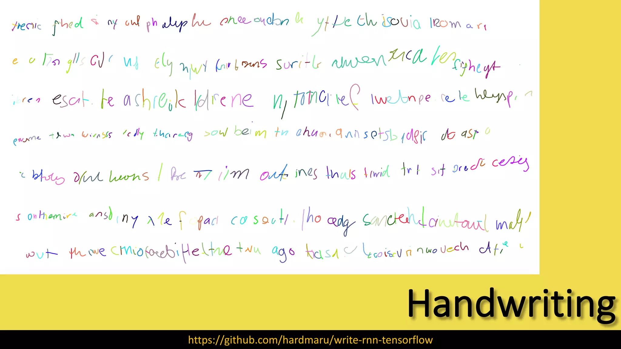 Handwriting
https://github.com/hardmaru/write-rnn-tensorflow
 