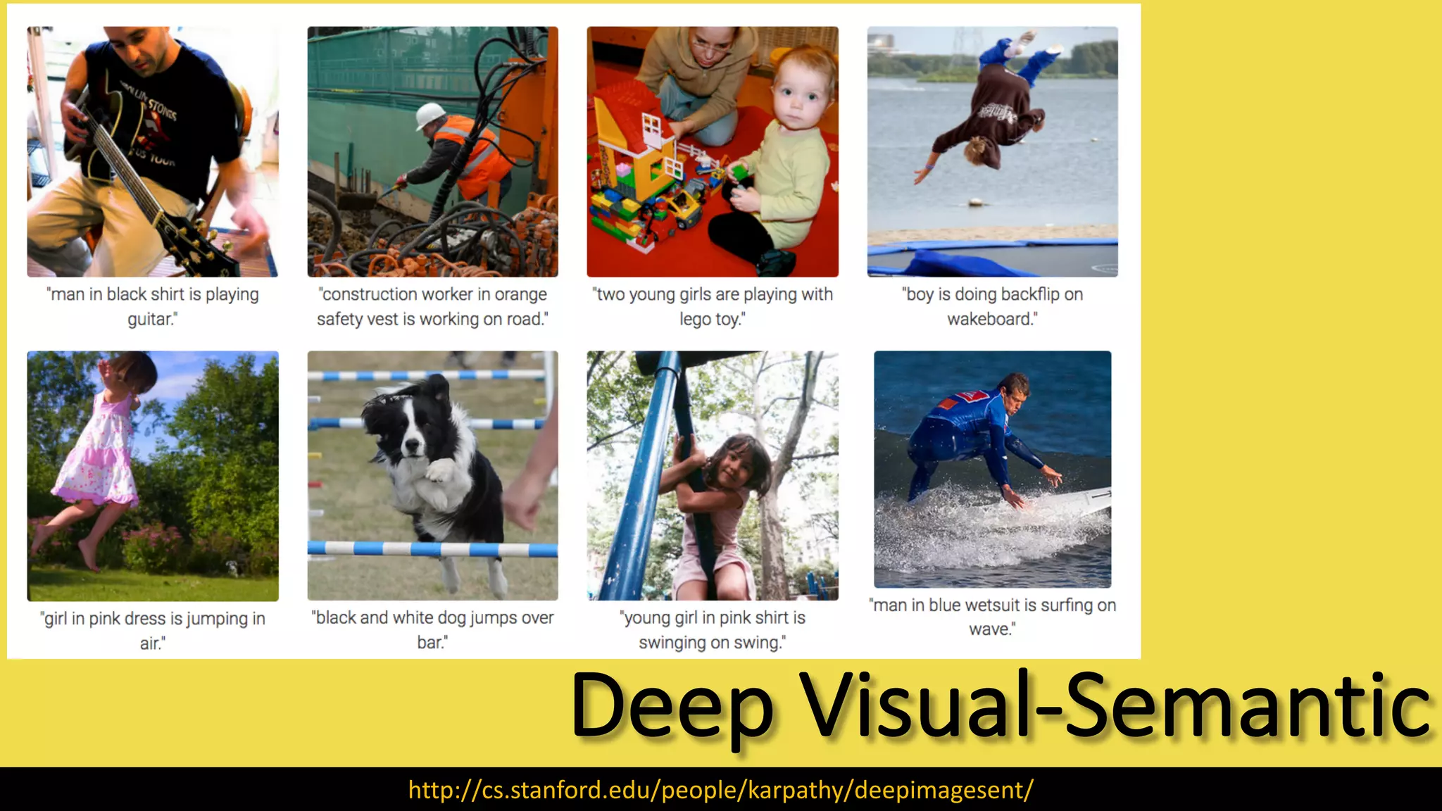 Deep	Visual-Semantic
http://cs.stanford.edu/people/karpathy/deepimagesent/
 