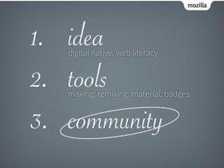 mozilla
1. idea
2. tools
3. community
digital native, web literacy
making, remixing, material, badges
 