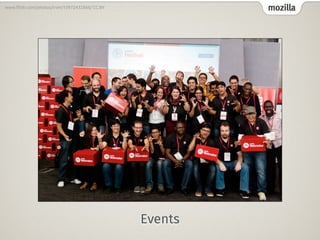 mozilla
Events
www.!ickr.com/photos/irvin/10972432866/ CC:BY
 