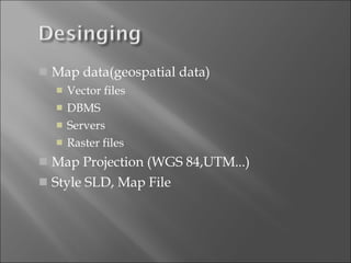 Map data(geospatial data) Vector files DBMS Servers Raster files Map Projection (WGS 84,UTM...) Style SLD, Map File 