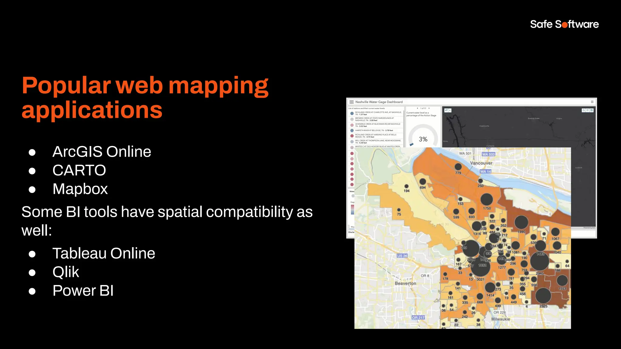 Popular web mapping
applications
● ArcGIS Online
● CARTO
● Mapbox
Some BI tools have spatial compatibility as
well:
● Tableau Online
● Qlik
● Power BI
 