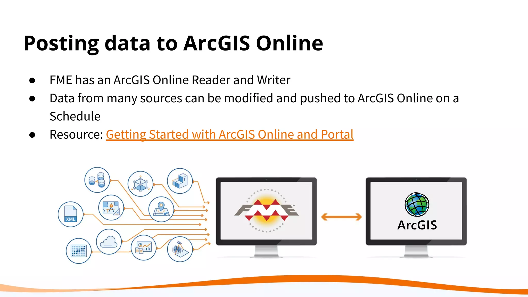 Posting data to ArcGIS Online
● FME has an ArcGIS Online Reader and Writer
● Data from many sources can be modified and pushed to ArcGIS Online on a
Schedule
● Resource: Getting Started with ArcGIS Online and Portal
 