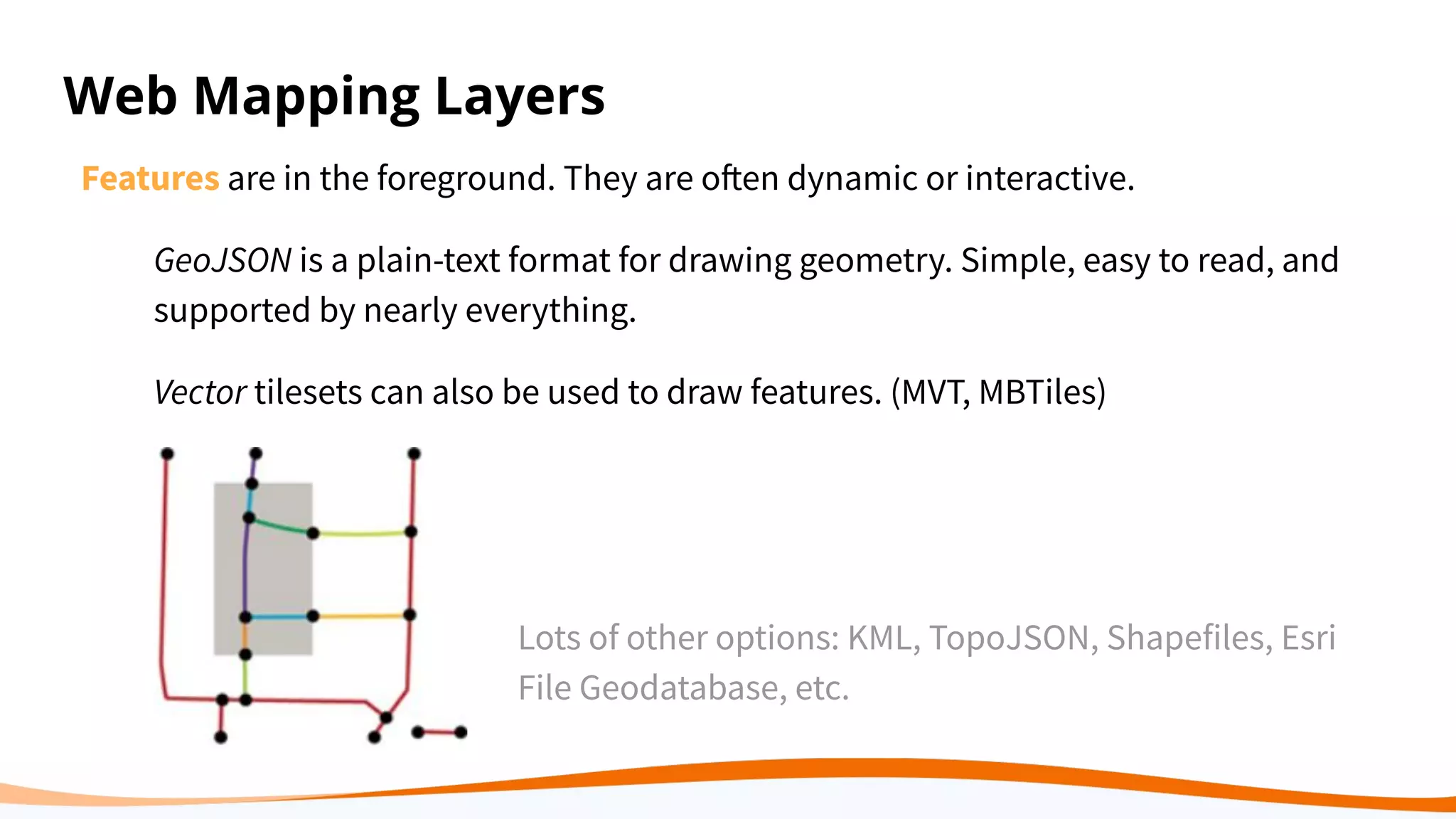 Web Mapping Layers
Features are in the foreground. They are often dynamic or interactive.
GeoJSON is a plain-text format for drawing geometry. Simple, easy to read, and
supported by nearly everything.
Vector tilesets can also be used to draw features. (MVT, MBTiles)
Lots of other options: KML, TopoJSON, Shapefiles, Esri
File Geodatabase, etc.
 