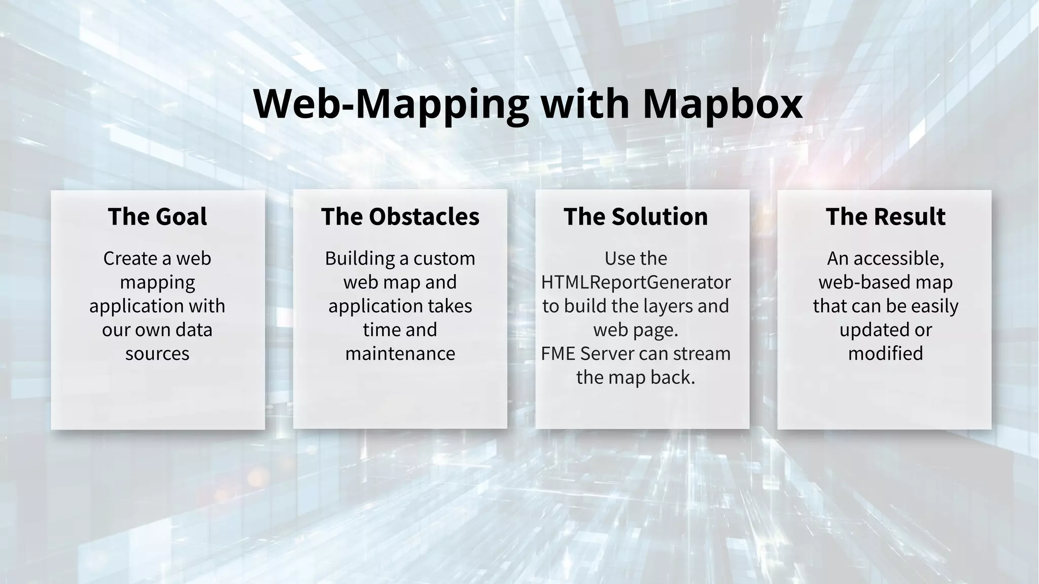 Web-Mapping with Mapbox
The Goal
Create a web
mapping
application with
our own data
sources
The Obstacles
Building a custom
web map and
application takes
time and
maintenance
The Solution
Use the
HTMLReportGenerator
to build the layers and
web page.
FME Server can stream
the map back.
The Result
An accessible,
web-based map
that can be easily
updated or
modified
 