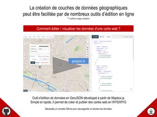 Outil d’édition de données en GeoJSON développé à partir de Mapbox.js
Simple et rapide, il permet de créer et publier des cartes web en WYSIWYG
Nécessite un compte Github pour sauvegarder et stocker les données
Comment éditer / visualiser les données d’une carte web ?
La création de couches de données géographiques
peut être facilitée par de nombreux outils d’édition en ligne
* online map creator
geojson.io
 