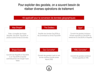 Convertir des Shapefile en GeoJSON
ou en TopoJSON et exporter
automatiquement vers Google Fusion
Tables
Convertir des geodata à partir et vers
de très nombreux formats (existe
depuis 2008)
Convertir des geodata (nombreux
formats supportés) en KML
Convertir des geodata (nombreux
formats supportés) en GeoJSON ou
transformer du GeoJSON en Shapefile
Simplifier des données GeoJSON en
les convertissant au format TopoJSON
Editer et simplifier des fichiers
Shapefile, GeoJSON, TopoJSON, et
plusieurs autres formats de données
Pour exploiter des geodata, on a souvent besoin de
réaliser diverses opérations de traitement
Kit applicatif pour la conversion de données géographiques
Ogre*
Shape Escape Geo Converter* KML Converter*
The DistilleryMap Shaper*
 