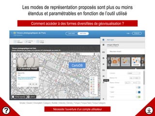 Simple | Cluster | Choropleth | Category | Bubble | Intensity | Density | Torque | Torque Heat | Torque Category
CartoDB
Les modes de représentation proposés sont plus ou moins
étendus et paramétrables en fonction de l’outil utilisé
Comment accéder à des formes diversifiées de géovisualisation ?
Nécessite l’ouverture d’un compte utilisateur
 