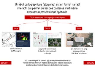 Trois exemples d’usages journalistiques
Slide Scroll Strip
Un récit cartographique (storymap) est un format narratif
interactif qui permet de lier des contenus multimédia
avec des représentations spatiales
Clermont la nuit
La Montagne
Les grands chantiers de
la Genève Internationale
Le Temps
Un Etat voyou le long
de deux rivières
The New York Times
Bonus #1 Bonus #2
Tout juste émergent, ce format s’appuie une grammaire narrative qui
reste à stabiliser. Plusieurs modèles de maquettes associés à des outils
d’édition web permettent néanmoins de faciliter leur production.
 