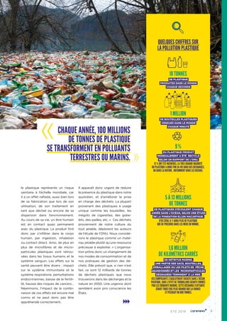 le plastique représente un risque
sanitaire à l’échelle mondiale, car
il a un effet néfaste, aussi bien lors
de sa fabrication que lors de son
utilisation, de son traitement en
tant que déchet ou encore de sa
dispersion dans l’environnement.
Au cours de sa vie, un être humain
est en contact quasi permanent
avec du plastique. Le produit finit
donc par s’infiltrer dans le corps
humain, par ingestion, inhalation
ou contact direct. Ainsi, de plus en
plus de microfibres et de micro-
particules plastiques sont retrou-
vées dans les tissus humains et le
système sanguin. Les effets sur la
santé peuvent être divers : impact
sur le système immunitaire et le
système respiratoire, perturbations
endocriniennes, baisse de la fertili-
té, hausse des risques de cancers…
Néanmoins, l’impact de la combi-
naison de ces effets est encore mal
connu et ne peut donc pas être
appréhendé correctement.
Il apparaît donc urgent de réduire
la présence du plastique dans notre
quotidien, et d’améliorer la prise
en charge des déchets. La plupart
provenant des plastiques à usage
unique comme les bouteilles, les
mégots de cigarettes, des gobe-
lets, des pailles, etc. «  Ces déchets
proviennent de notre culture du
tout jetable, déplorent les auteurs
de l’étude de l’ONU. Nous considé-
rons le plastique comme un maté-
riau jetable plutôt qu’une ressource
précieuse à exploiter. » L’organisa-
tion prône donc un changement de
nos modes de consommation et de
nos pratiques de gestion des dé-
chets. Elle prévoit que, si rien n’est
fait, ce sont 12 milliards de tonnes
de déchets plastiques que nous
trouverons dans les décharges et la
nature en 2050. Une urgence dont
semblent avoir pris conscience les
États.
9ÉTÉ 2019
QUELQUES CHIFFRES SUR
LA POLLUTION PLASTIQUE
10 TONNES
DE PLASTIQUE
PRODUITES DANS LE MONDE
CHAQUE SECONDE
1 MILLION
DE BOUTEILLES PLASTIQUES
VENDUES DANS LE MONDE
CHAQUE MINUTE
9 %
DU PLASTIQUE PRODUIT
MONDIALEMENT A ÉTÉ RECYCLÉ
SELON UN RAPPORT DE L’ONU.
12 % ONT ÉTÉ INCINÉRÉS. LA TRÈS GRANDE MAJORITÉ
DU PLASTIQUE A DONC FINI SA VIE DANS DES DÉCHARGES,
OU DANS LA NATURE, NOTAMMENT DANS LES OCÉANS.
5 À 13 MILLIONS
DE TONNES
DE PLASTIQUES S’ÉCOULENT CHAQUE
ANNÉE DANS L’OCÉAN, SELON UNE ÉTUDE
DE LA FONDATION ELLEN MACARTHUR.
D’ICI 2050, IL Y AURA PLUS DE PLASTIQUE
QUE DE POISSONS DANS LES MERS DU MONDE.
1,6 MILLION
DE KILOMÈTRES CARRÉS
DE DÉTRITUS MARINS.
UNE PARTIE DES SACS, BOUTEILLES,
EMBALLAGES OU LES FILETS DE PÊCHE
ABANDONNÉS ET LES MICROPARTICULES
DÉGRADÉES TERMINENT À LA MER.
CES COMPOSANTS S'AGGLUTINENT ENSUITE DANS L'OCÉAN
PACIFIQUE, SOUS L'EFFET DE TOURBILLONS GÉANTS FORMÉS
PAR LES COURANTS MARINS. CETTE DÉCHARGE FLOTTANTE
SERAIT TROIS FOIS PLUS GRANDE QUE LA FRANCE
ET PÈSERAIT 80 000 TONNES.
CHAQUE ANNÉE, 100 MILLIONS
DE TONNES DE PLASTIQUE
SE TRANSFORMENT EN POLLUANTS
TERRESTRES OU MARINS.
 