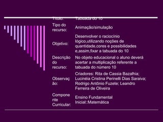 Ensino Fundamental Inicial::Matemática Componente Curricular:  Criadores: Rita de Cassia Bazalhia; Lucinéia Cristina Perinelli Dias Saraiva; Rodrigo Antônio Fuzete; Leandro Ferreira de Oliveira Observação:  No objeto educacional o aluno deverá acertar a multiplicação referente a tabuada do número 10 Descrição do recurso:  Desenvolver o raciocínio lógico,utilizando noções de quantidade,cores e possibilidades e,assim,fixar a tabuada do 10 Objetivo:  Animação/simulação Tipo do recurso:  Tabuada do 10 Título:  