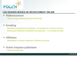 LES GRANDS MODES DE RECRUTEMENT ONLINE  Référencement Search Engine Marketing (Search Marketing) Emailing Emailing d’acquisition (ou marketing) : on travaille sur une base inconnue Emailing de fidélisation (newsletter, promotionnel…) : on travaille sa base Affiliation Développer un réseau d’apporteur d’affaires sur le web Achat d’espace publicitaire Bannière publicitaire 