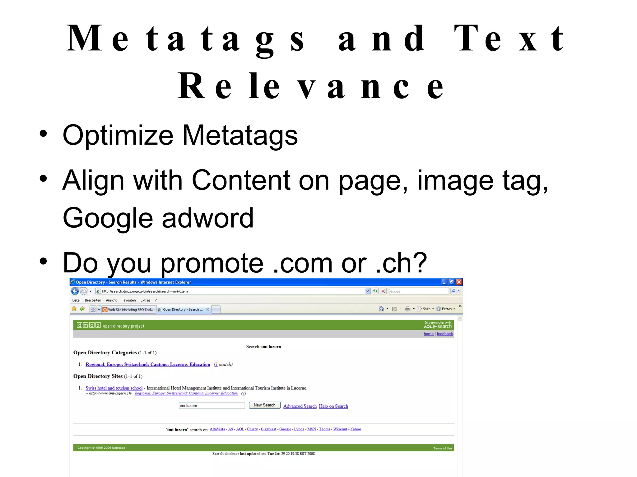 Metatags and Text Relevance Optimize Metatags Align with Content on page, image tag, Google adword Do you promote .com or .ch? 