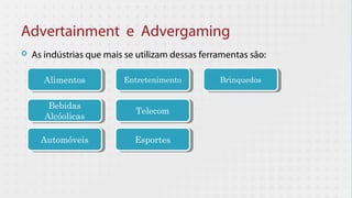 Advertainment e Advergaming
   As indústrias que mais se utilizam dessas ferramentas são:

       Alimentos
       Alimentos          Entretenimento
                          Entretenimento          Brinquedos
                                                  Brinquedos


        Bebidas
        Bebidas              Telecom
                             Telecom
       Alcóolicas
       Alcóolicas

      Automóveis
      Automóveis             Esportes
                             Esportes
 