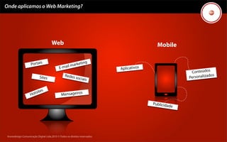 Onde aplicamos o Web Marketing?




                                      Web                                                    Mobile


                     Portais
                                                    il mar keting
                                             E-ma                            Aplicativos
                                                                                                           Conteúdos
                            Sites                 Redes
                                                           sociais                                        Perso nalizados



                      ots ites
                    H                          M ensageiros

                                                                                           Publicida
                                                                                                     de




 Kronedesign Comunicação Digital Ltda.2010 ©.Todos os direitos reservados.
 