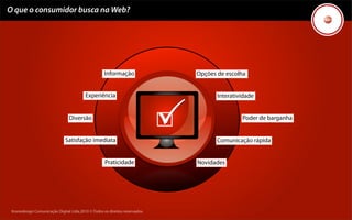 O que o consumidor busca na Web?




                                                    Informação               Opções de escolha


                                         Experiência                                Interatividade


                                Diversão                                                     Poder de barganha


                              Satisfação imediata                                   Comunicação rápida


                                                    Praticidade              Novidades




 Kronedesign Comunicação Digital Ltda.2010 ©.Todos os direitos reservados.
 