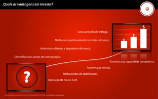 Quais as vantagens em investir?




                                                                                   Gera aumento do tráfego.

                                                              Melhora o posicionamento nos sites de busca.

                                            Atrai novos clientes e seguidores da marca.

            Diversiﬁca seus canais de comunicação.
                                                                                                              Aumenta sua capacidade competitiva.

                                                                                           Aumenta as vendas.

                                                                        Reduz custos de publicidade.

                                                     Exposição da marca 7x24.




 Kronedesign Comunicação Digital Ltda.2010 ©.Todos os direitos reservados.
 