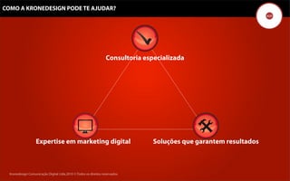 COMO A KRONEDESIGN PODE TE AJUDAR?




                                                                  Consultoria especializada




                   Expertise em marketing digital                                    Soluções que garantem resultados



  Kronedesign Comunicação DigitalDigital Ltda.2010 ©.Todos os direitos reservados.
         Kronedesign Comunicação Ltda.2010 ©.Todos os direitos reservados.
 