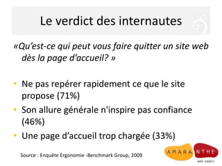 Le verdict des internautes
«Qu’est-ce qui peut vous faire quitter un site web
dès la page d’accueil? »
• Ne pas repérer rapidement ce que le site
propose (71%)
• Son allure générale n'inspire pas confiance
(46%)
• Une page d’accueil trop chargée (33%)
Source : Enquête Ergonomie -Benchmark Group, 2009
 