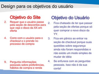 Objetivo do Site Requer que o usuário passe pela seção de descontos para que veja o disco da XX em oferta Corre com o usuário para o checkout e o prende no processo de compra Pergunta informações pessoais sobre preferências, hábitos de compra e renda Objetivo do Usuário Fica chateado de ter que passar pela seção de ofertas porque só quer comprar o novo disco da YY. Fica em pânico ao entrar na seção de checkout porque suas questões sobre segurança ainda não foram respondidas e não existe um modo simples de mudar de idéia Se enfurece com as perguntas pessoais. Isso não é da sua conta! Design para os objetivos do usuário 