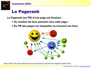 Laurent Peyrat - mai 2013 - http://www.peyrat.fr
Le Pagerank
Le Pagerank (ou PR) d’une page est fonction :
● Du nombre de liens pointant vers cette page ;
● Du PR des pages sur lesquelles se trouvent ces liens
Calcul du PR : http://www.webmaster-hub.com/publication/L-algorithme-du-PageRank-explique.html
Acquisition (SEO)
 