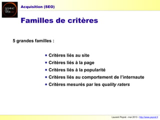 Laurent Peyrat - mai 2013 - http://www.peyrat.fr
Familles de critères
5 grandes familles :
● Critères liés au site
● Critères liés à la page
● Critères liés à la popularité
● Critères liés au comportement de l’internaute
● Critères mesurés par les quality raters
Acquisition (SEO)
 