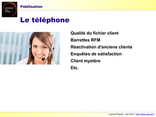 Laurent Peyrat - mai 2013 - http://www.peyrat.fr
Qualité du fichier client
Barrettes RFM
Réactivation d'anciens clients
Enquêtes de satisfaction
Client mystère
Etc.
Le téléphone
Fidélisation
 
