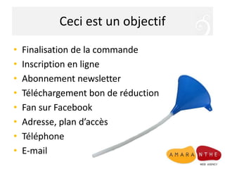 Ceci est un objectif
• Finalisation de la commande
• Inscription en ligne
• Abonnement newsletter
• Téléchargement bon de réduction
• Fan sur Facebook
• Adresse, plan d’accès
• Téléphone
• E-mail
 