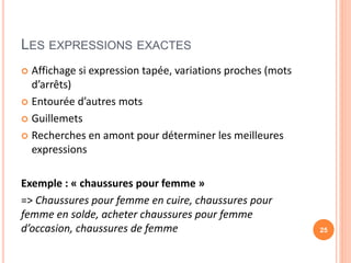 LES EXPRESSIONS EXACTES
 Affichage si expression tapée, variations proches (mots
d’arrêts)
 Entourée d’autres mots
 Guillemets
 Recherches en amont pour déterminer les meilleures
expressions
Exemple : « chaussures pour femme »
=> Chaussures pour femme en cuire, chaussures pour
femme en solde, acheter chaussures pour femme
d’occasion, chaussures de femme 25
 