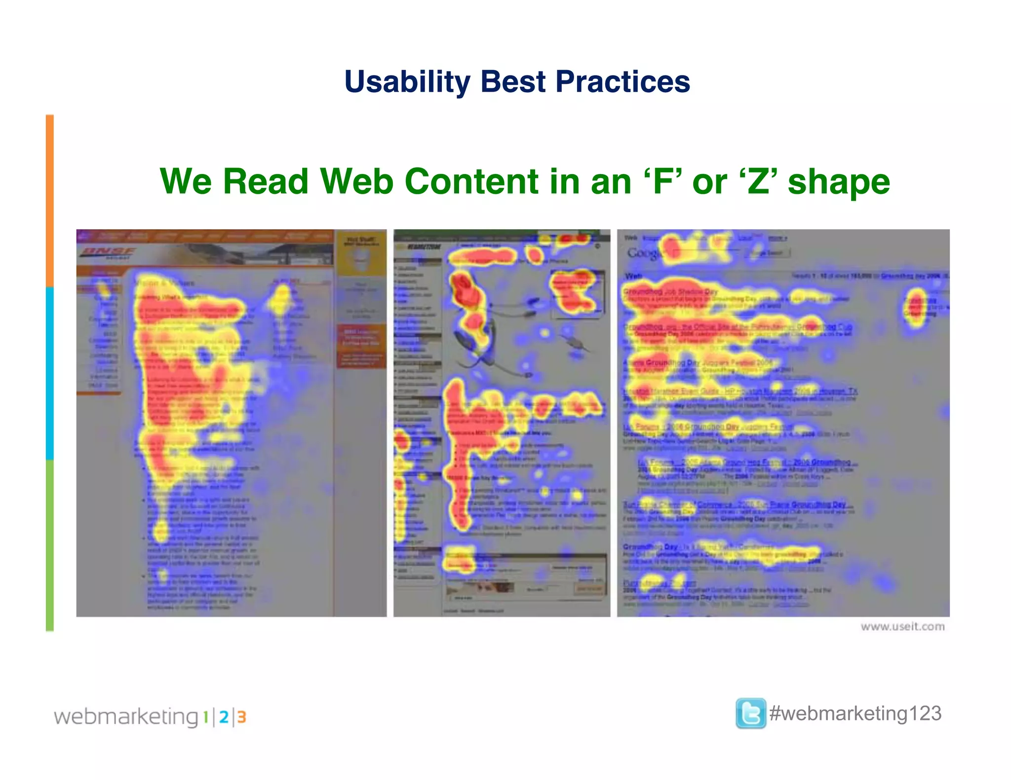 Usability Best Practices


We Read Web Content in an ‘F’ or ‘Z’ shape




                                     #webmarketing123
 