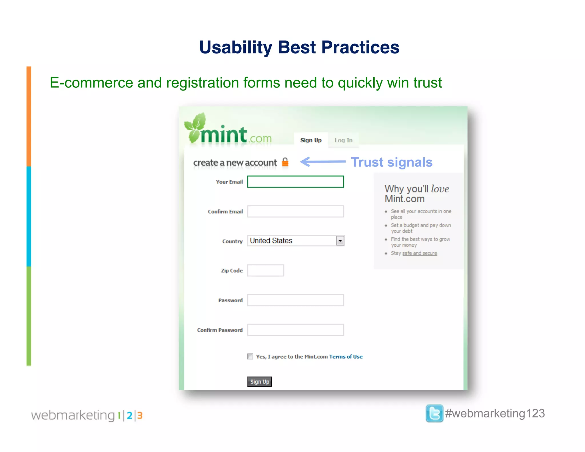 Usability Best Practices
E-commerce and registration forms need to quickly win trust




                                             Trust signals




                                                              #webmarketing123
 