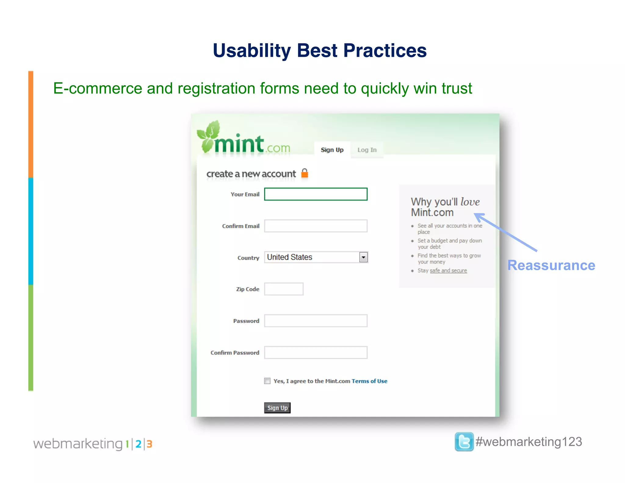 Usability Best Practices
E-commerce and registration forms need to quickly win trust




                                                                  Reassurance




                                                              #webmarketing123
 