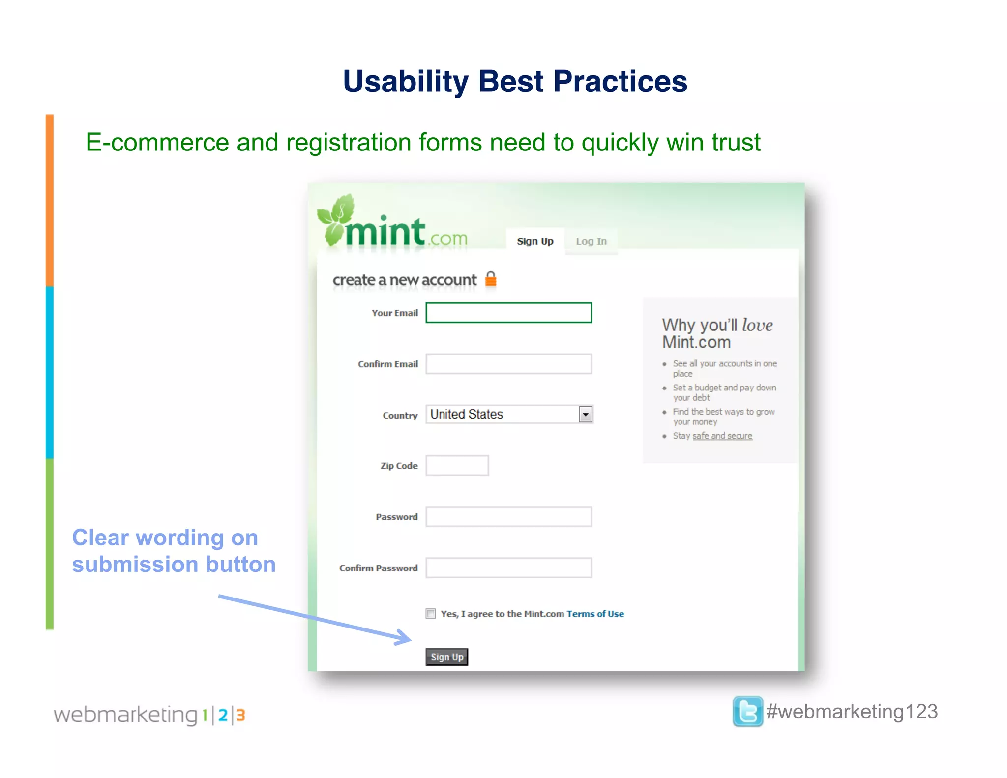 Usability Best Practices
 E-commerce and registration forms need to quickly win trust




Clear wording on
submission button




                                                               #webmarketing123
 