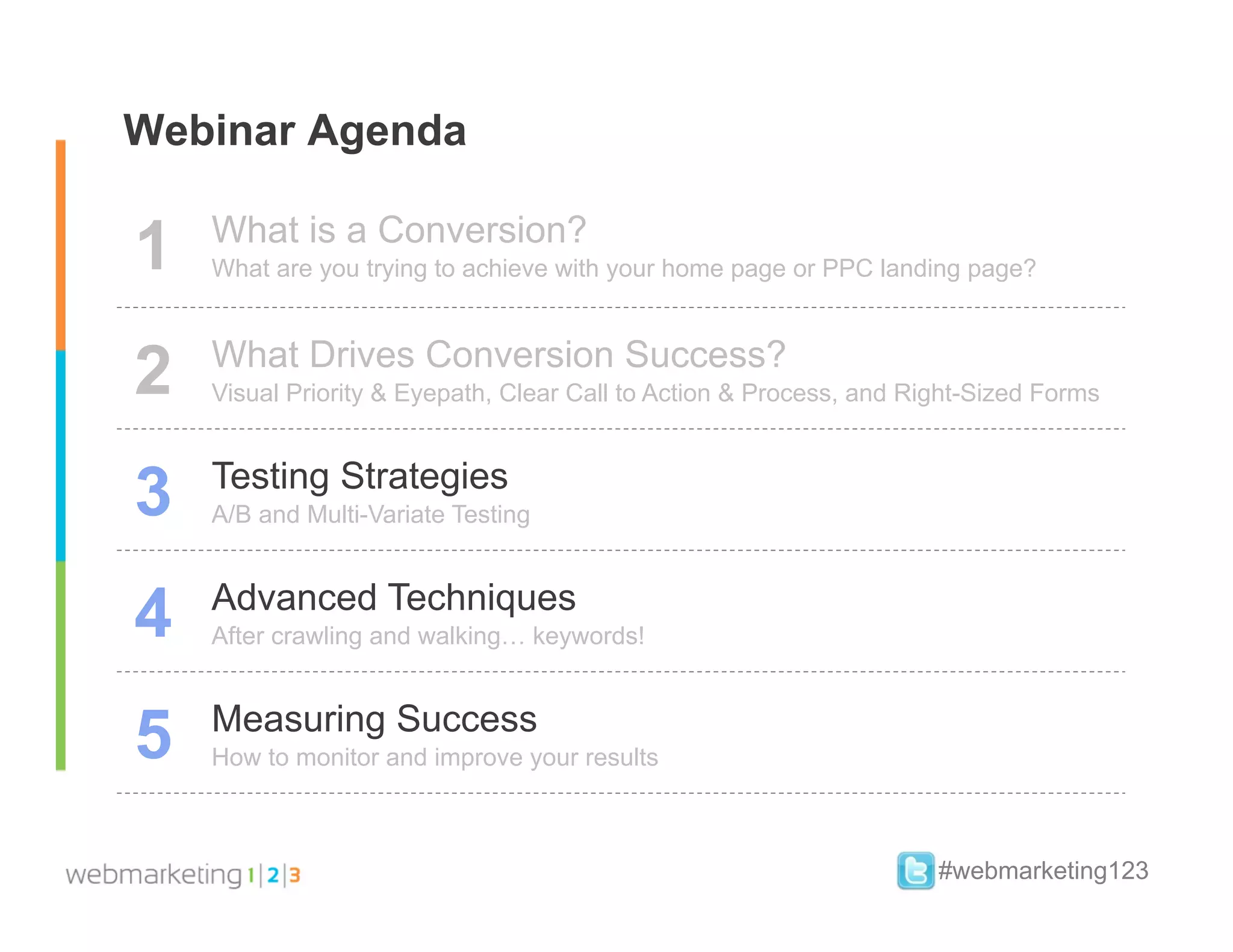 Webinar Agenda

1   What is a Conversion?
    What are you trying to achieve with your home page or PPC landing page?



2   What Drives Conversion Success?
    Visual Priority & Eyepath, Clear Call to Action & Process, and Right-Sized Forms



3   Testing Strategies
    A/B and Multi-Variate Testing



4   Advanced Techniques
    After crawling and walking… keywords!



5   Measuring Success
    How to monitor and improve your results



                                                                     #webmarketing123
 