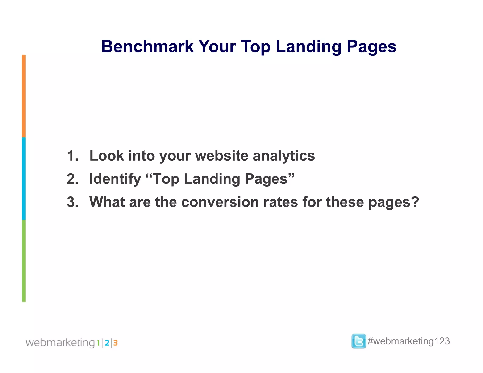 Benchmark Your Top Landing Pages




1.  Look into your website analytics
2.  Identify “Top Landing Pages”
3.  What are the conversion rates for these pages?




                                          #webmarketing123
 