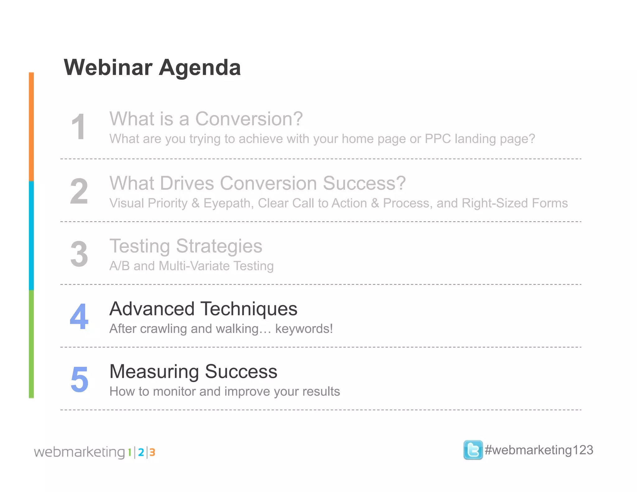 Webinar Agenda

1   What is a Conversion?
    What are you trying to achieve with your home page or PPC landing page?



2   What Drives Conversion Success?
    Visual Priority & Eyepath, Clear Call to Action & Process, and Right-Sized Forms



3   Testing Strategies
    A/B and Multi-Variate Testing



4   Advanced Techniques
    After crawling and walking… keywords!



5   Measuring Success
    How to monitor and improve your results



                                                                     #webmarketing123
 