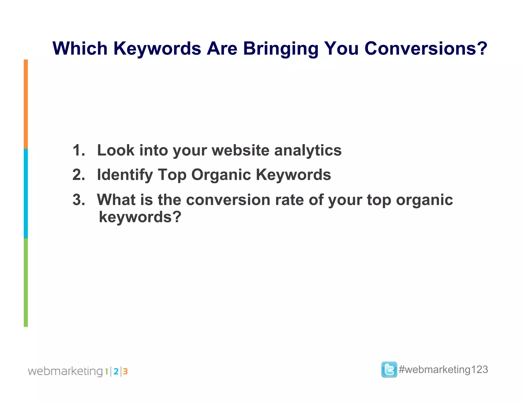 Which Keywords Are Bringing You Conversions?




  1.  Look into your website analytics
  2.  Identify Top Organic Keywords
  3.  What is the conversion rate of your top organic
      keywords?




                                             #webmarketing123
 