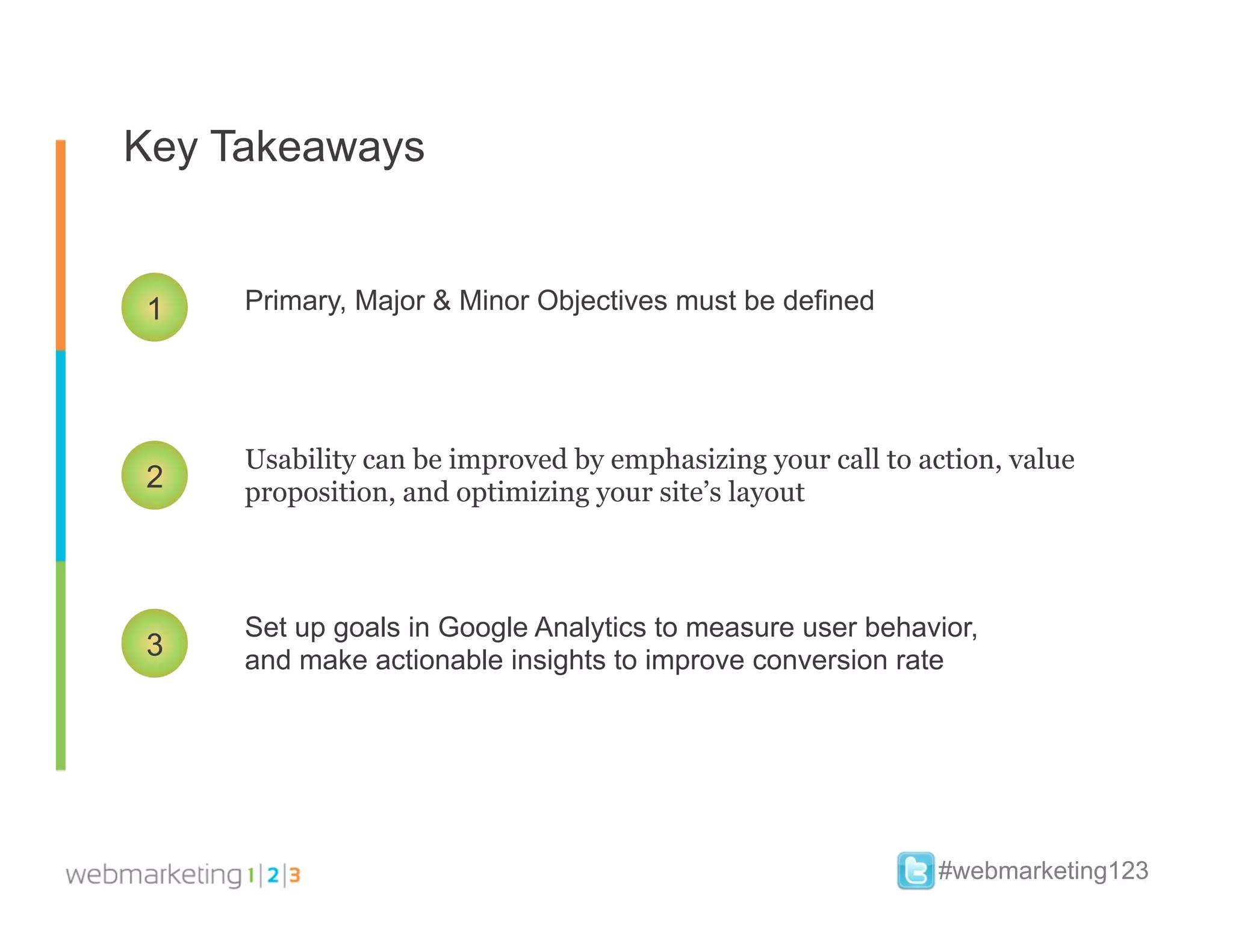 Key Takeaways


1    Primary, Major & Minor Objectives must be defined




     Usability can be improved by emphasizing your call to action, value
2    proposition, and optimizing your site’s layout



     Set up goals in Google Analytics to measure user behavior,
3    and make actionable insights to improve conversion rate




                                                             #webmarketing123
 