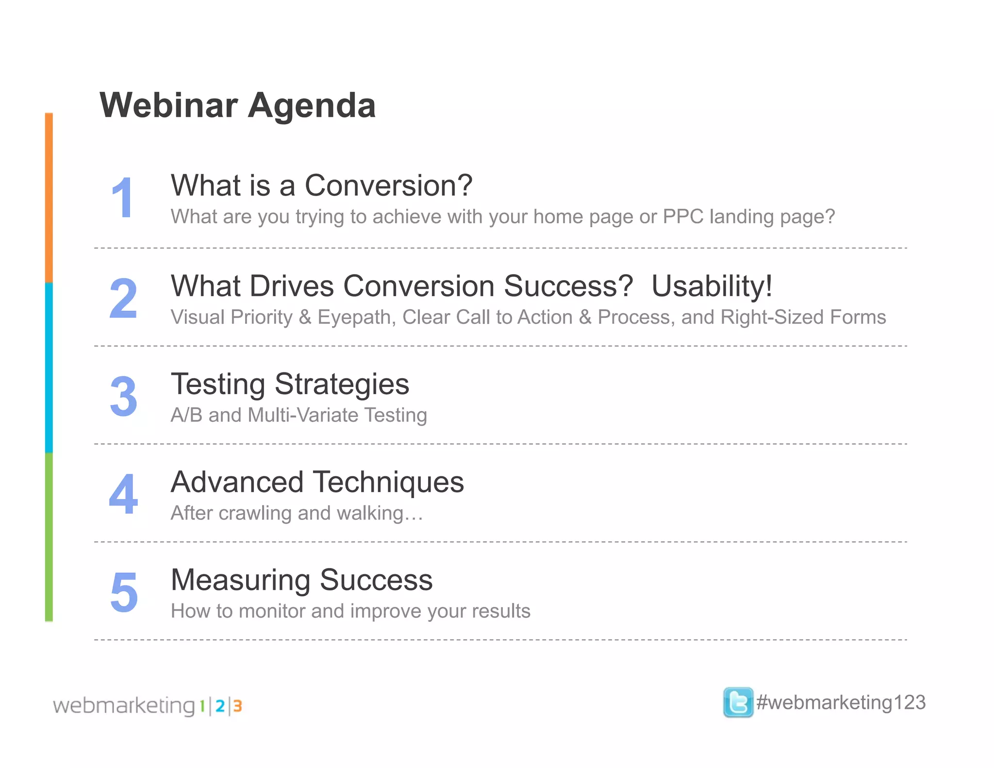 Webinar Agenda

1   What is a Conversion?
    What are you trying to achieve with your home page or PPC landing page?



2   What Drives Conversion Success? Usability!
    Visual Priority & Eyepath, Clear Call to Action & Process, and Right-Sized Forms



3   Testing Strategies
    A/B and Multi-Variate Testing



4   Advanced Techniques
    After crawling and walking…



5   Measuring Success
    How to monitor and improve your results



                                                                     #webmarketing123
 